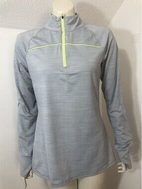 Kyodan Womens Large 1/4 Zip Pullover Jacket Grey Safety Green Trim Thumbholes